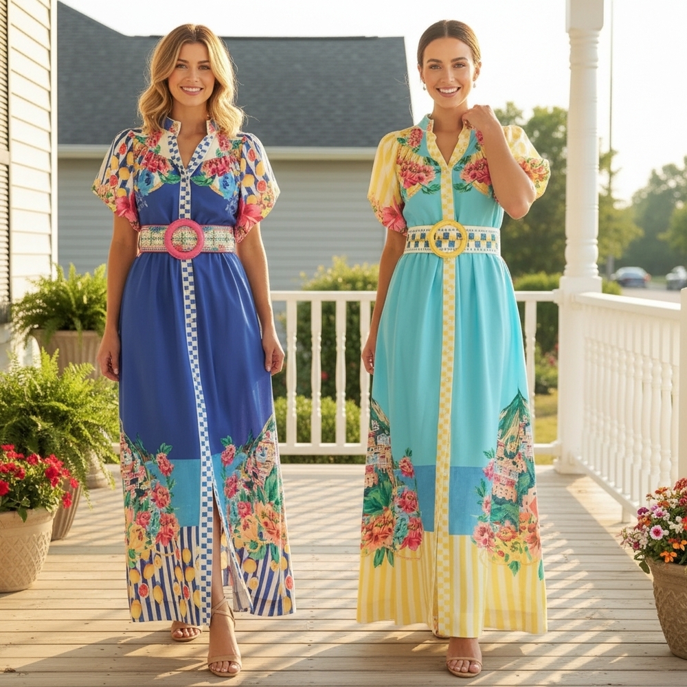 Garden Floral Button-Up Mock Neck Puff Sleeve Wide Belt Slit Front Maxi Dress - Picture 9 of 16